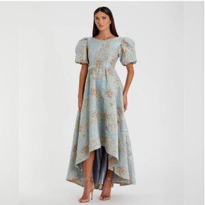 NEW MAC DUGGAL 11608 Brocade Puff Sleeve Hi Lo Dusty Blue Platinum Gold Dress